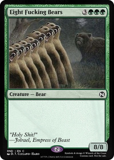 The Eight Bears parody card, featuring eight roaring bears facing one deeply concerned bear.
