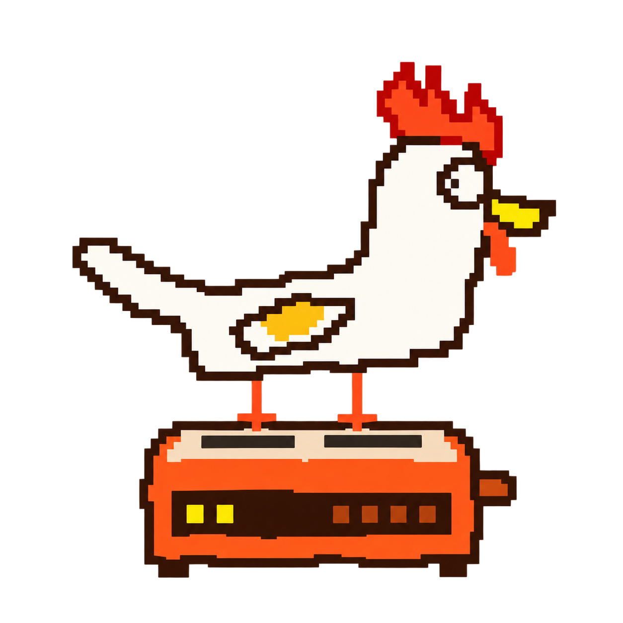 A very serious pixel chicken perched on a server.